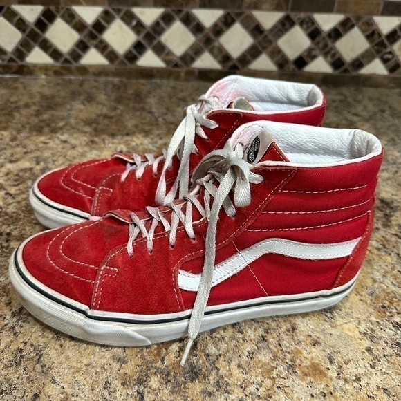 Vans Shoes - Vans High Top Skate Shoes Men’s 7.5 Women’s 9 Red White Canvas Sneakers